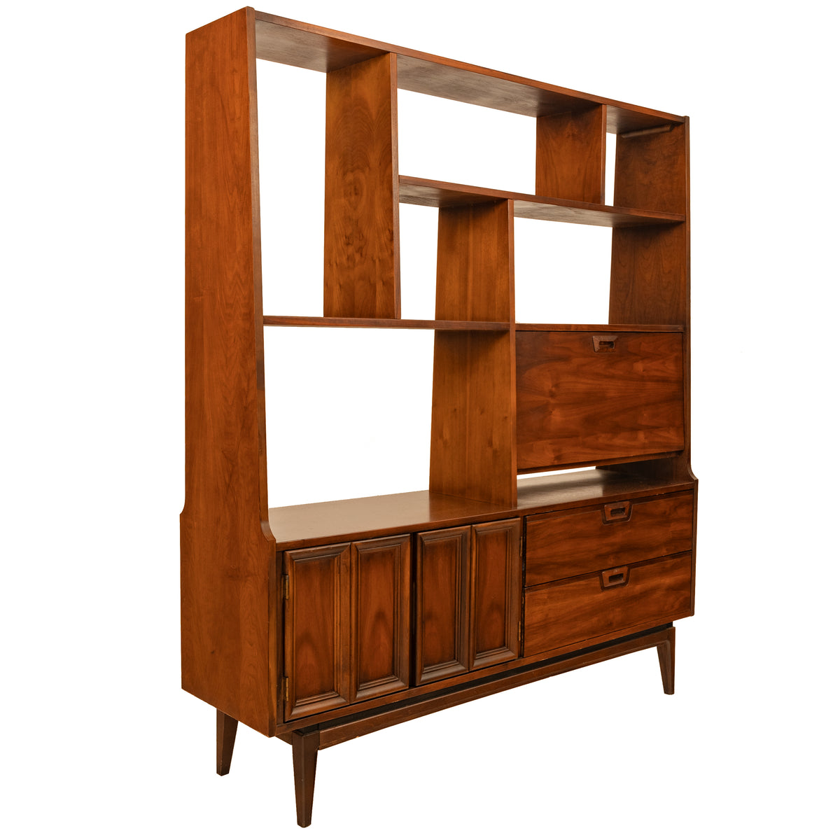 American Mid-Century Modern Walnut Room Divider Bar Desk Buffet Hutch, 1960's