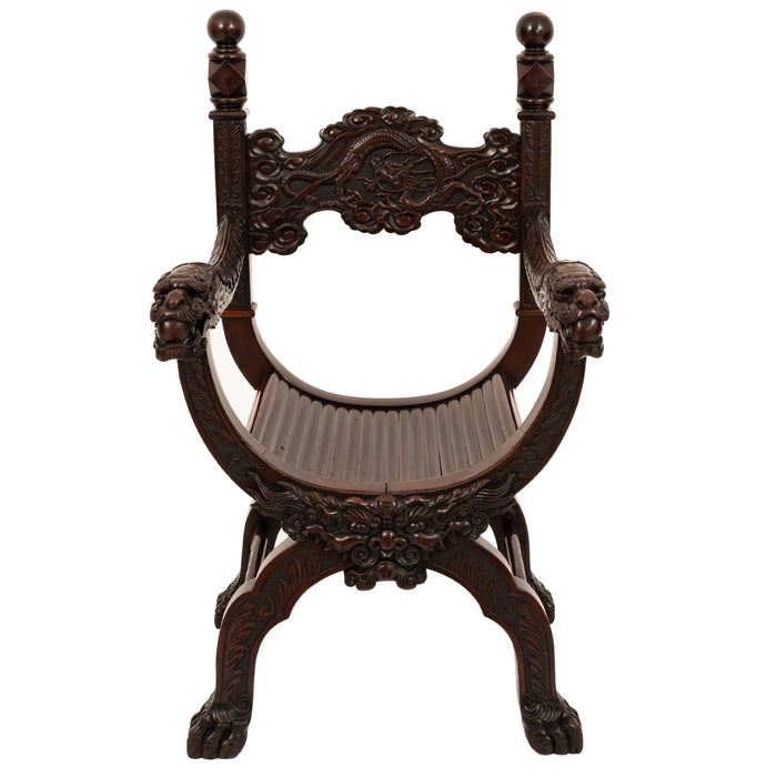 Antique American Robert Mitchell Carved Chinoiserie Savonarola Dragon Chair Circa 1900