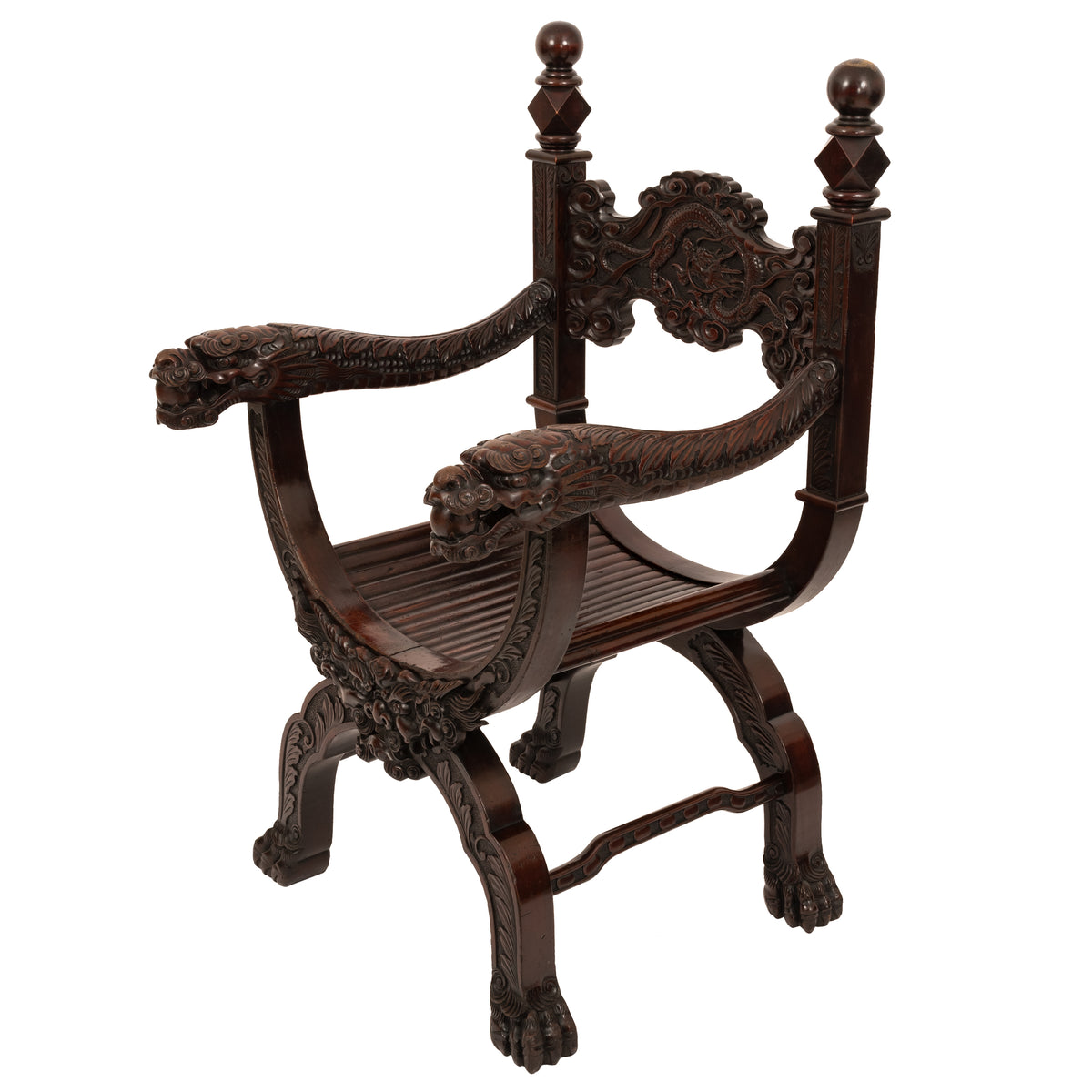 Antique American Robert Mitchell Carved Chinoiserie Savonarola Dragon Chair Circa 1900