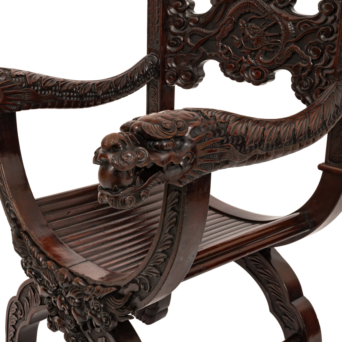 Antique American Robert Mitchell Carved Chinoiserie Savonarola Dragon Chair Circa 1900
