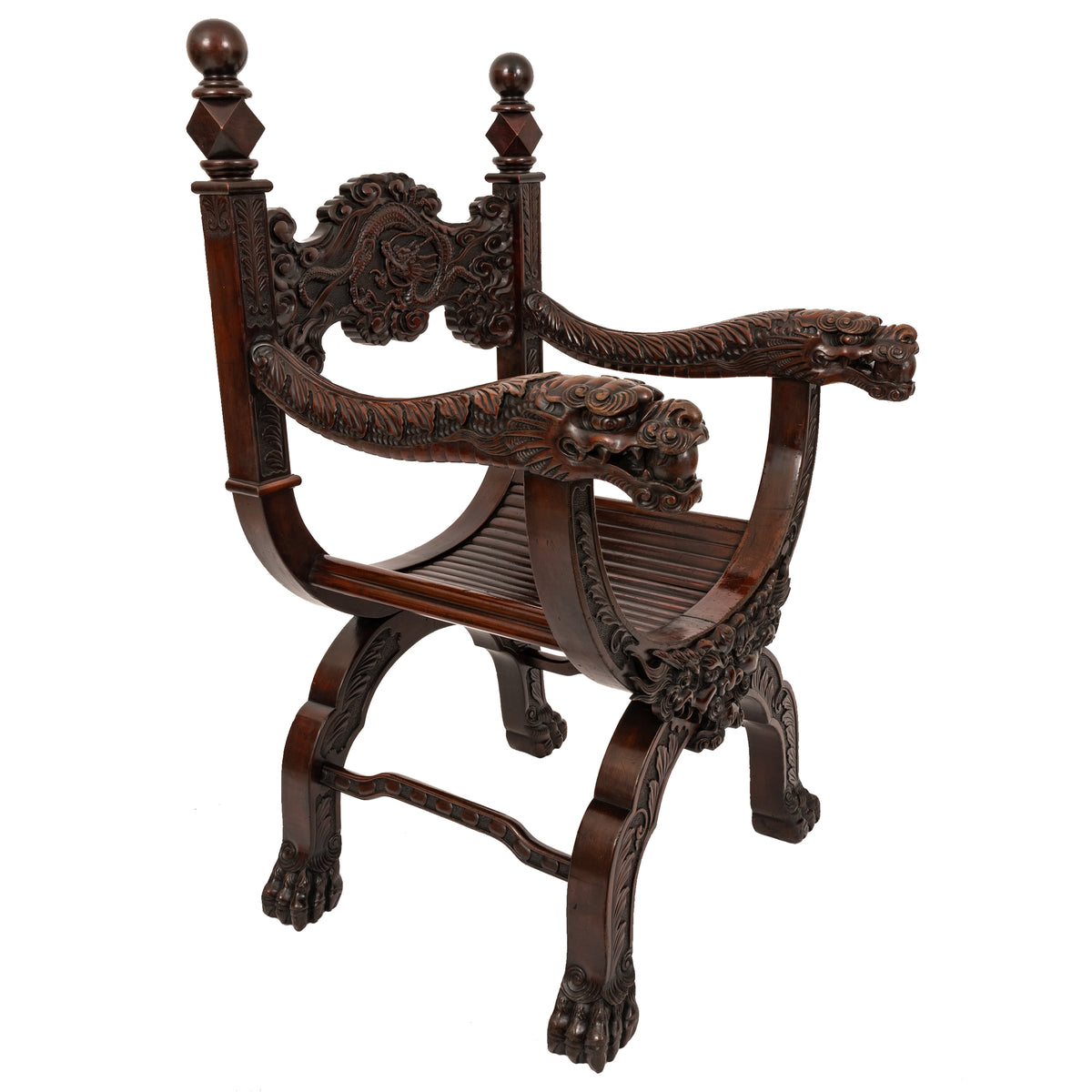 Antique American Robert Mitchell Carved Chinoiserie Savonarola Dragon Chair Circa 1900
