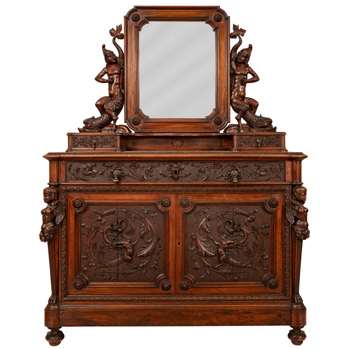 Antique Italian Renaissance Revival Walnut Carved 'Mermaid" Dresser Chest Circa 1870