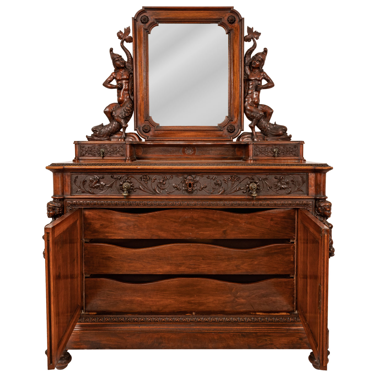 Antique Italian Renaissance Revival Walnut Carved 'Mermaid" Dresser Chest Circa 1870
