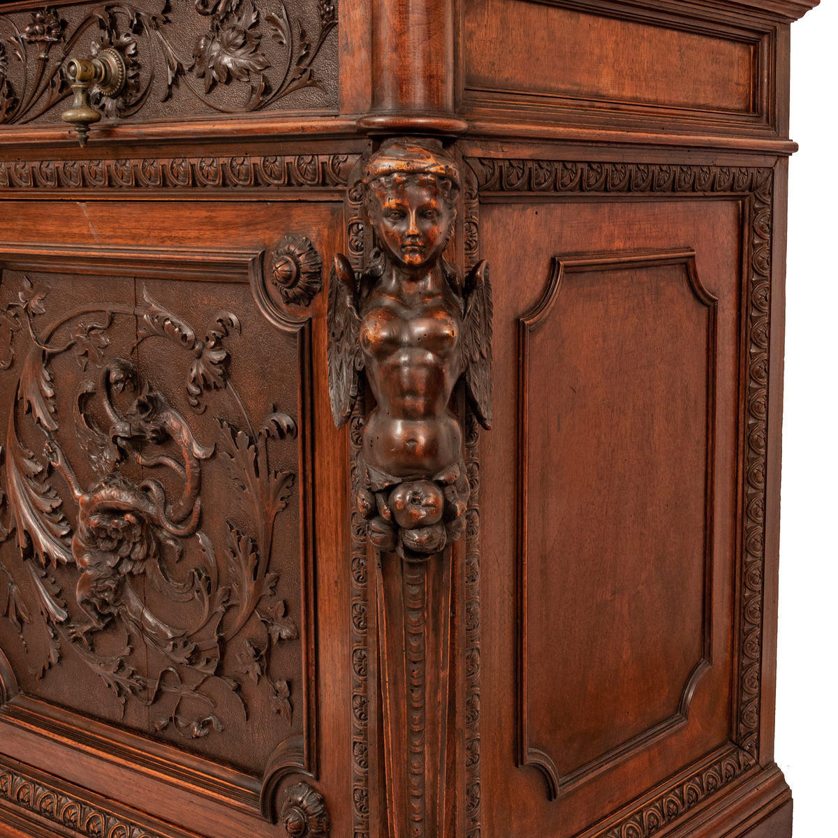 Antique Italian Renaissance Revival Walnut Carved 'Mermaid" Dresser Chest Circa 1870
