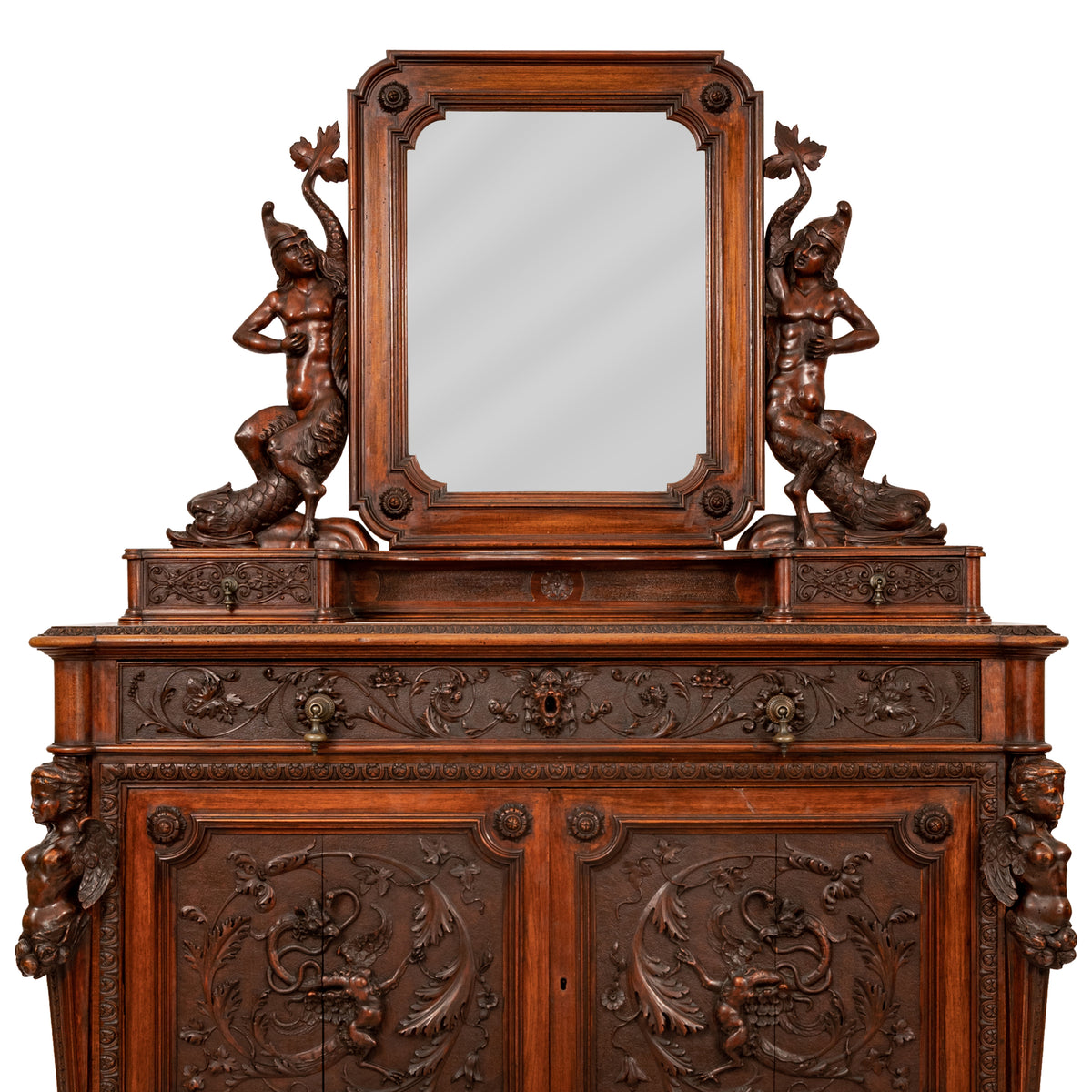 Antique Italian Renaissance Revival Walnut Carved 'Mermaid" Dresser Chest Circa 1870