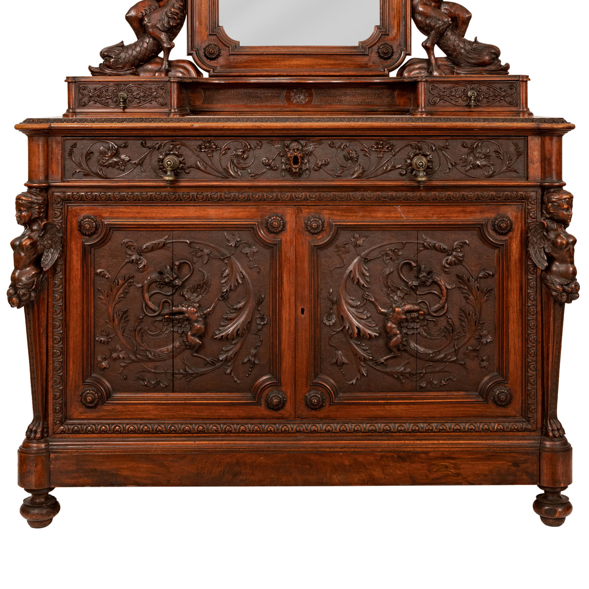 Antique Italian Renaissance Revival Walnut Carved 'Mermaid" Dresser Chest Circa 1870
