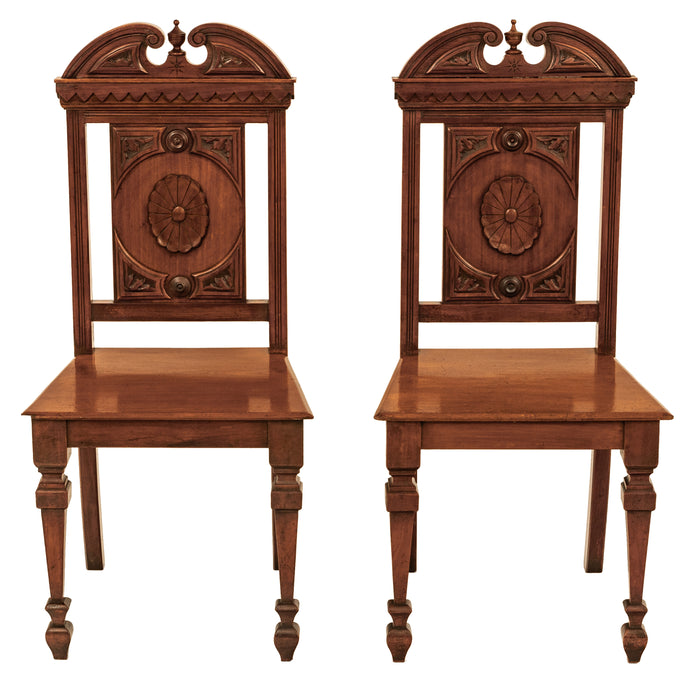 Antique Pair Regency George IV Neo-Classical Architectural Mahogany Hall Chairs Circa 1830