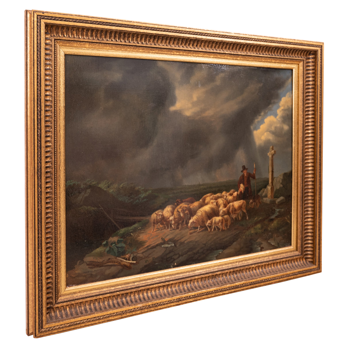 Antique Flemish Oil on Panel Francois Backvis Shepherd Sheep Flock Painting, Circa 1880