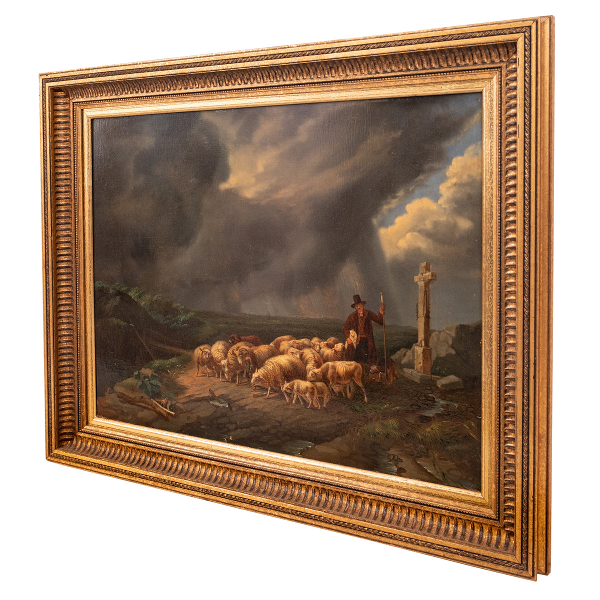 Antique Flemish Oil on Panel Francois Backvis Shepherd Sheep Flock Painting, Circa 1880