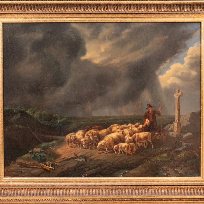 Antique Flemish Oil on Panel Francois Backvis Shepherd Sheep Flock Painting, Circa 1880