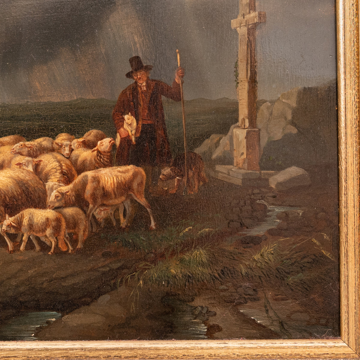 Antique Flemish Oil on Panel Francois Backvis Shepherd Sheep Flock Painting, Circa 1880