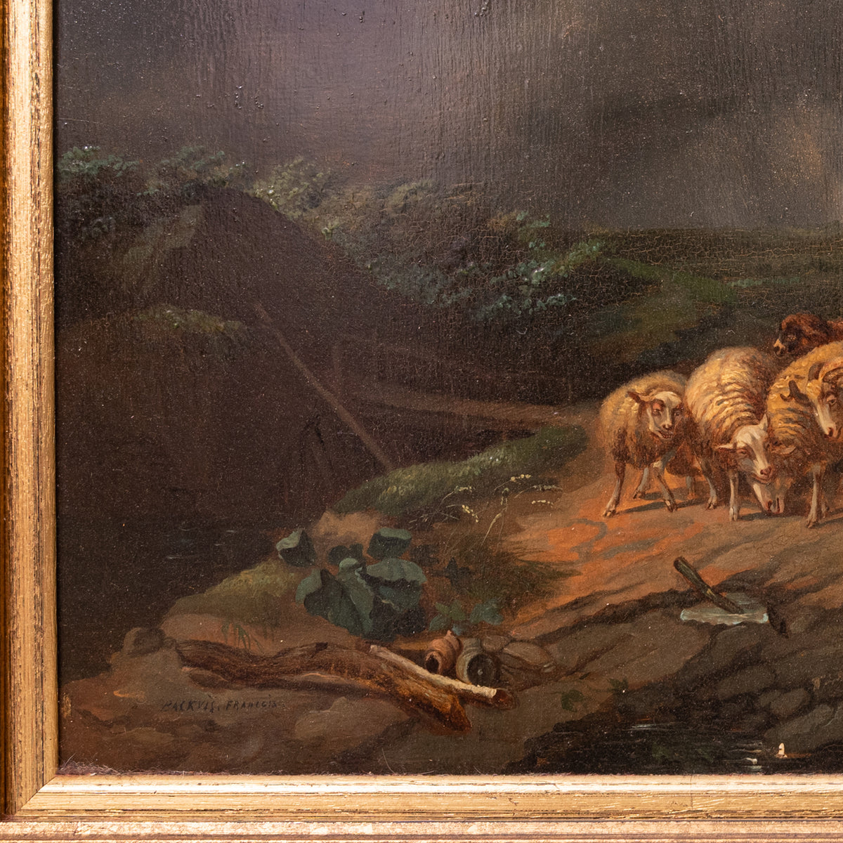 Antique Flemish Oil on Panel Francois Backvis Shepherd Sheep Flock Painting, Circa 1880
