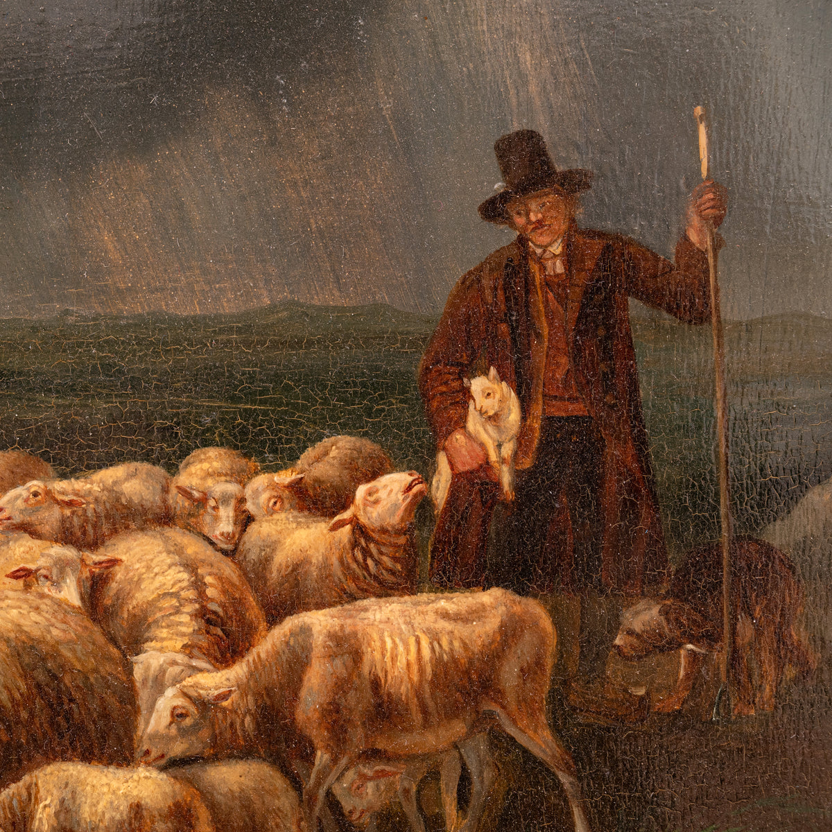 Antique Flemish Oil on Panel Francois Backvis Shepherd Sheep Flock Painting, Circa 1880
