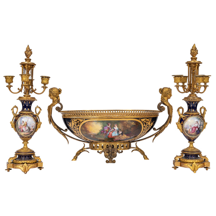 Antique French Sevres Porcelain Bronze Ormolu Candelarbra Jardiniere Garniture, Circa 1880