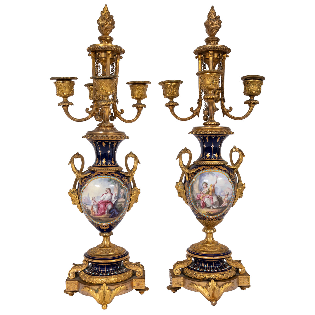 Antique French Sevres Porcelain Bronze Ormolu Candelarbra Jardiniere Garniture, Circa 1880