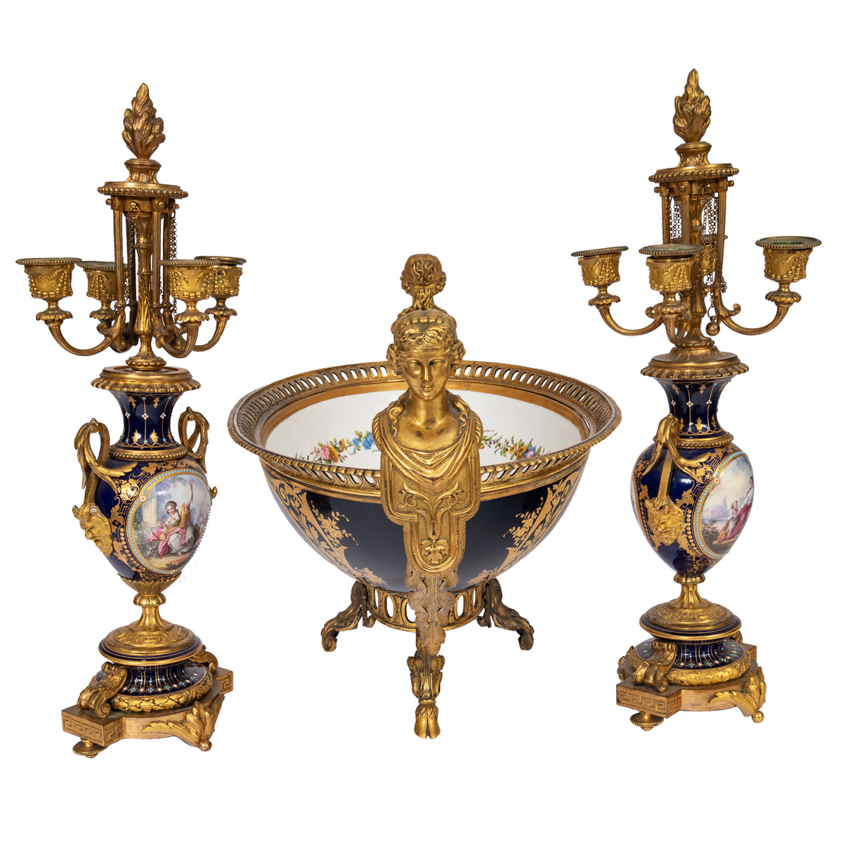 Antique French Sevres Porcelain Bronze Ormolu Candelarbra Jardiniere Garniture, Circa 1880