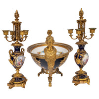 Antique French Sevres Porcelain Bronze Ormolu Candelarbra Jardiniere Garniture, Circa 1880