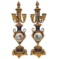 Antique French Sevres Porcelain Bronze Ormolu Candelarbra Jardiniere Garniture, Circa 1880