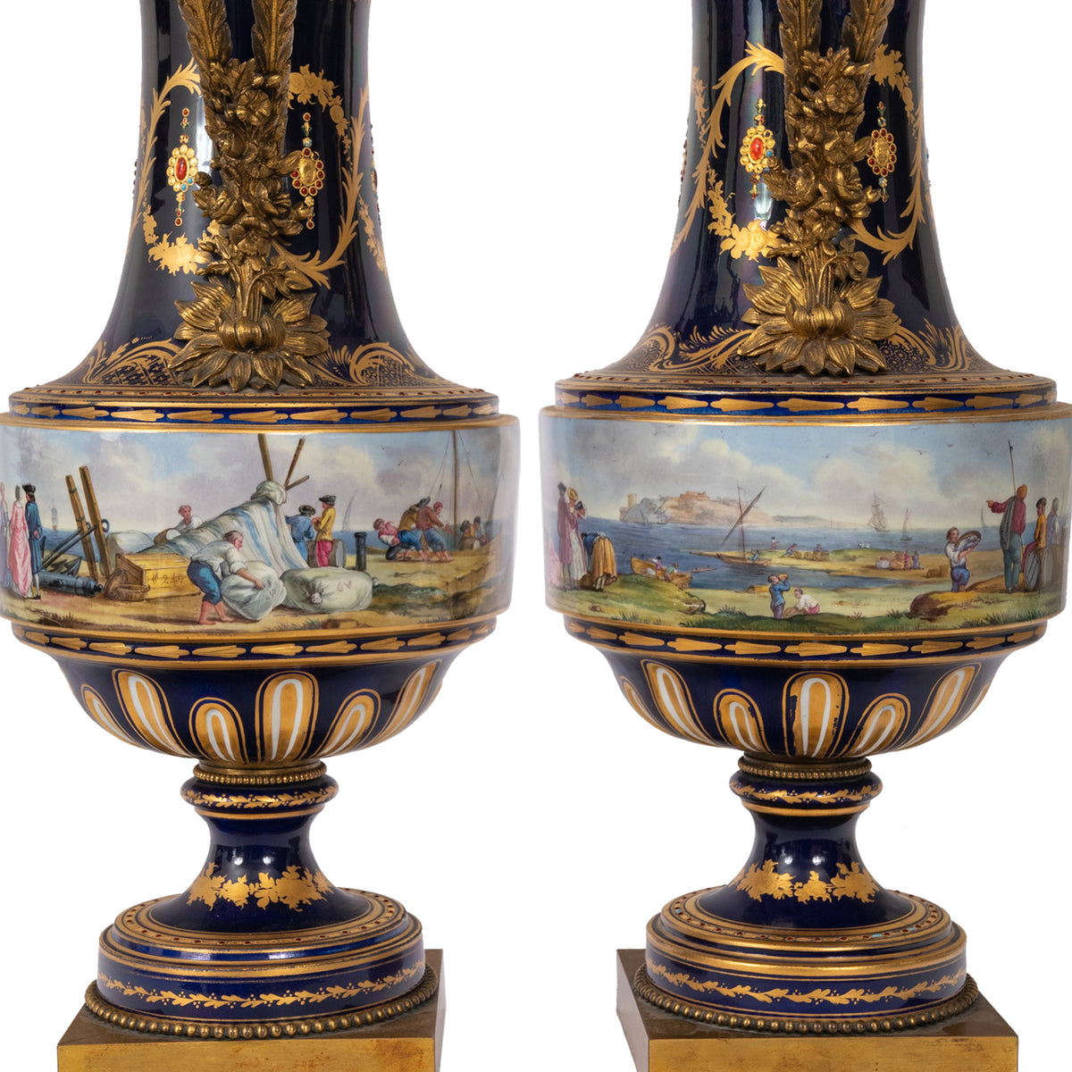 Pair 19th Century Monumental Antique Sevres French Porcelain Ormolu Urns, circa 1860
