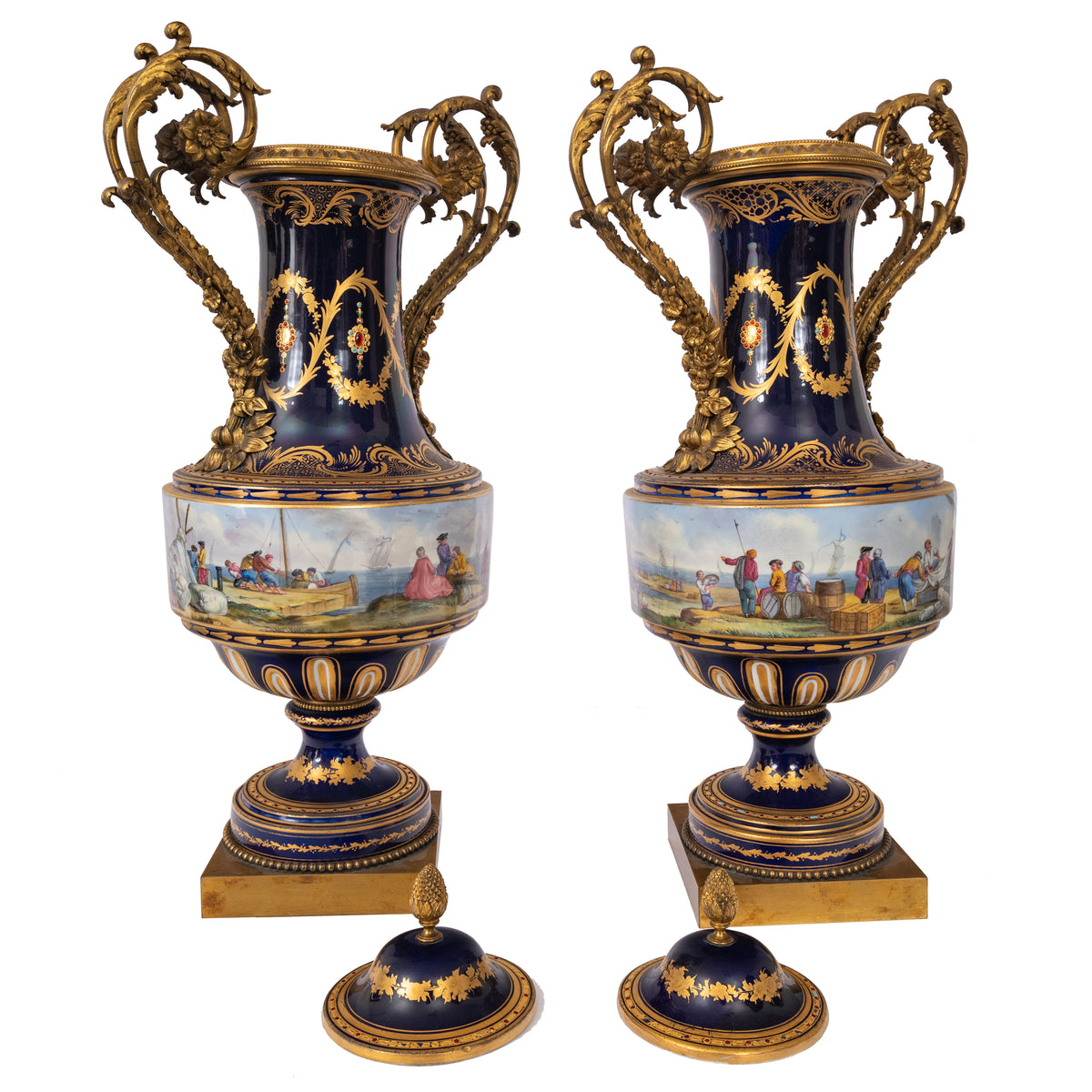 Pair 19th Century Monumental Antique Sevres French Porcelain Ormolu Urns, circa 1860