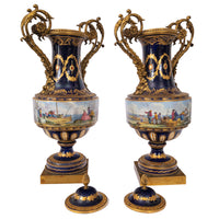 Pair 19th Century Monumental Antique Sevres French Porcelain Ormolu Urns, circa 1860