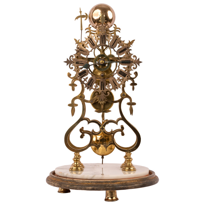Antique 19th Century English 8 Day Fusee Brass & Glass Dome Skeleton Clock, Circa 1870