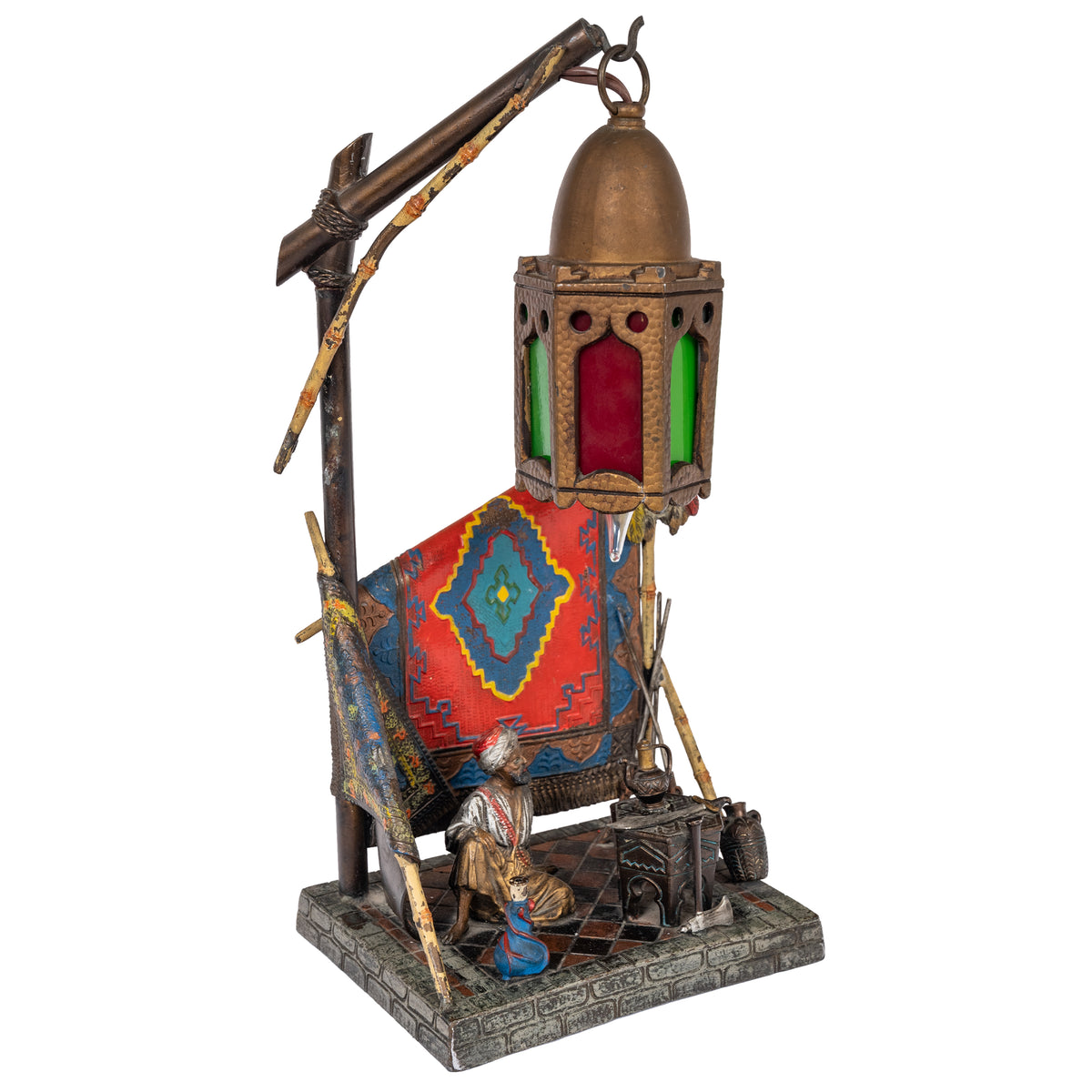 Antique Austrian Cold Painted Bronze Franz Bergmann Arab Carpet Seller Lamp, Circa 1920