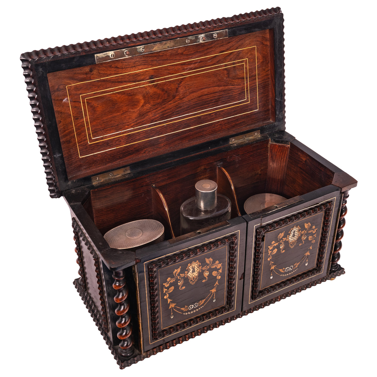 Antique Regency Inlaid Rosewood Silver Perfume Bottle Box Dressing Set, 1824