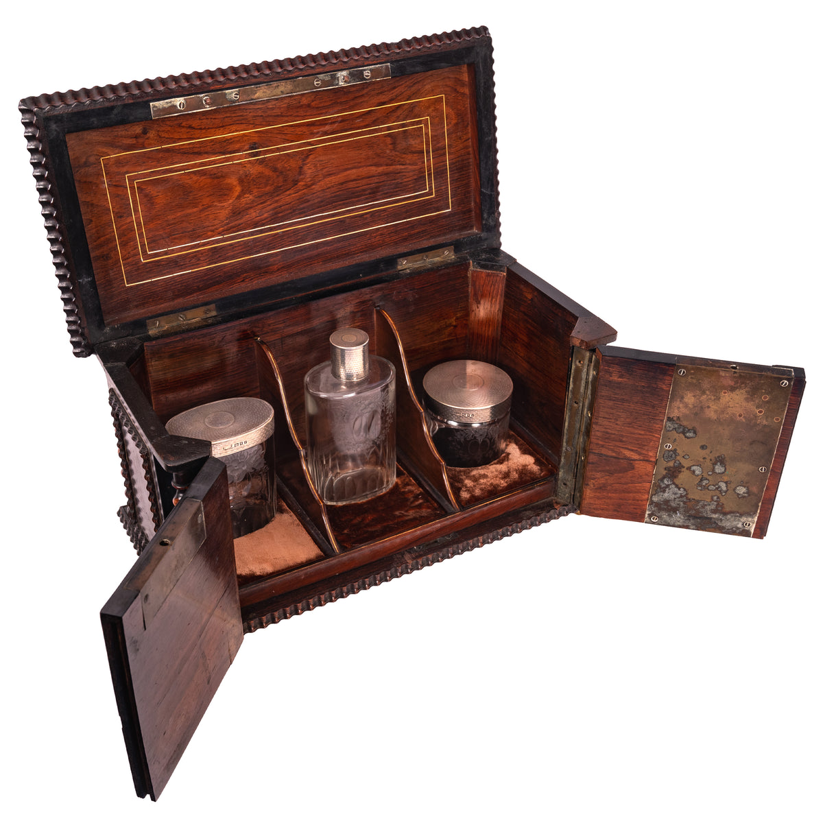 Antique Regency Inlaid Rosewood Silver Perfume Bottle Box Dressing Set, 1824