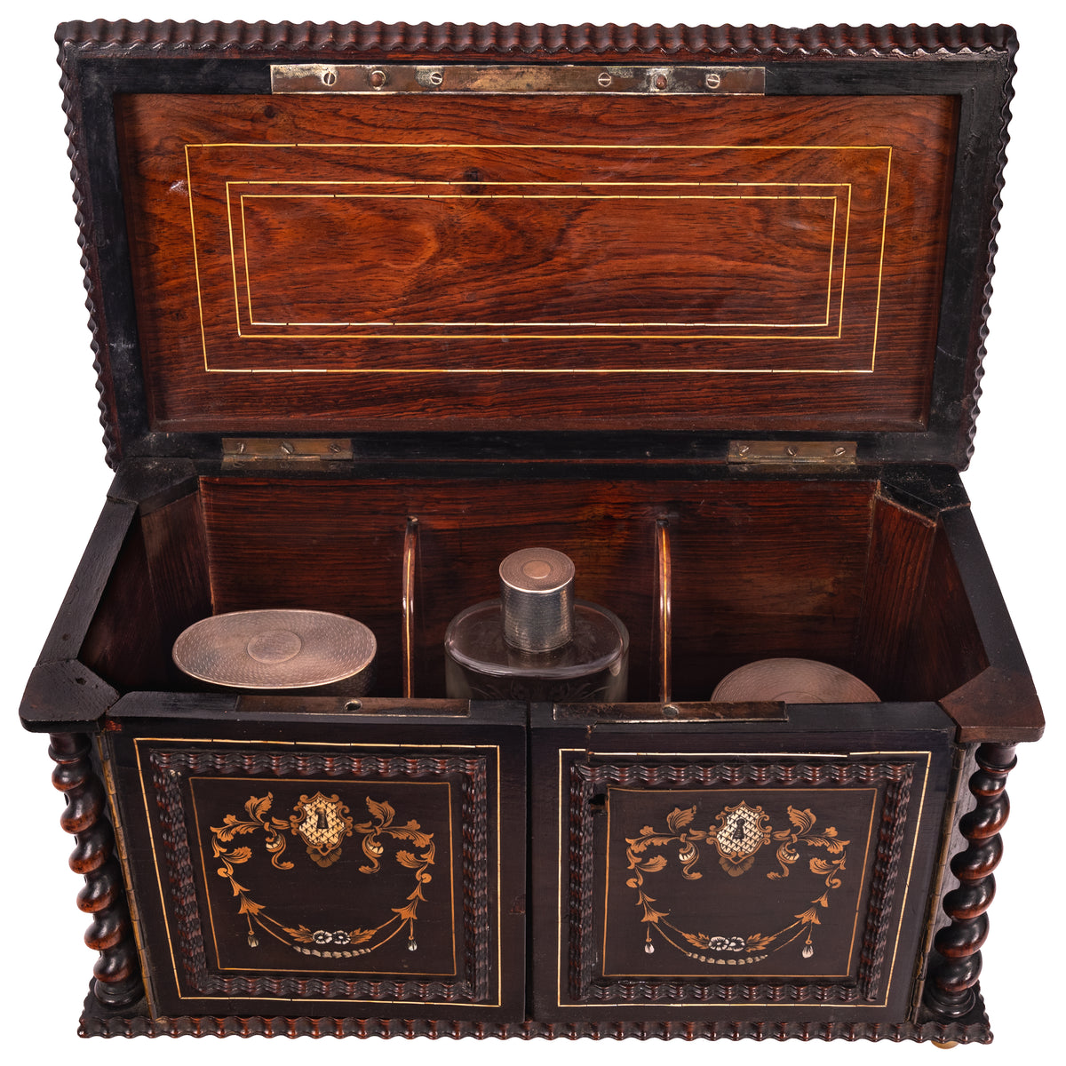 Antique Regency Inlaid Rosewood Silver Perfume Bottle Box Dressing Set, 1824
