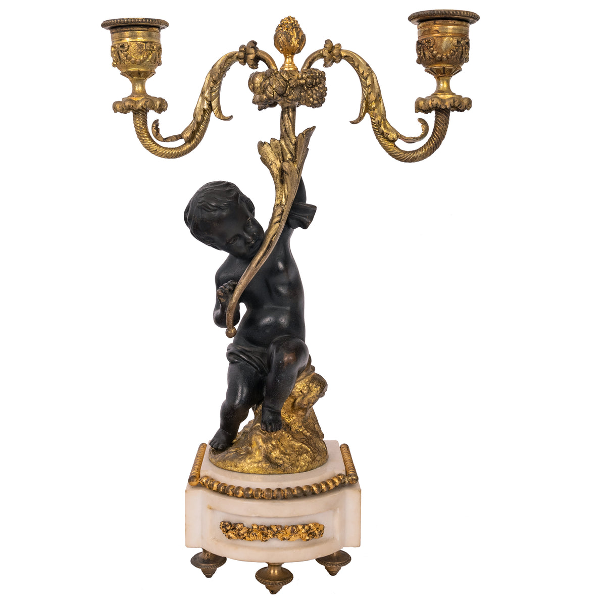 Pair Antique French Louis XVI Parcel-Gilt Bronze & Marble Putti Candelarbra, 1870