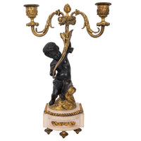 Pair Antique French Louis XVI Parcel-Gilt Bronze & Marble Putti Candelarbra, 1870