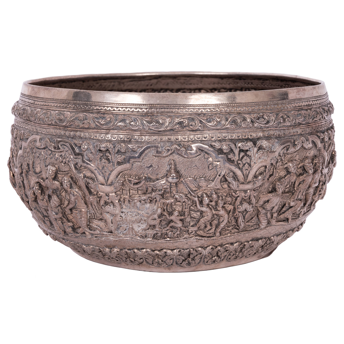 Antique Burmese Repousse Silver Buddhist Thabeik Offering Bowl Guanyin Mark, 1890