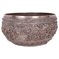 Antique Burmese Repousse Silver Buddhist Thabeik Offering Bowl Guanyin Mark, 1890