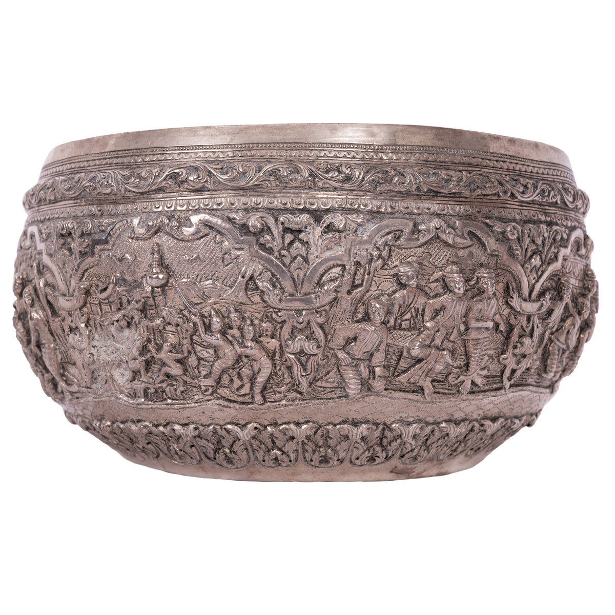Antique Burmese Repousse Silver Buddhist Thabeik Offering Bowl Guanyin Mark, 1890