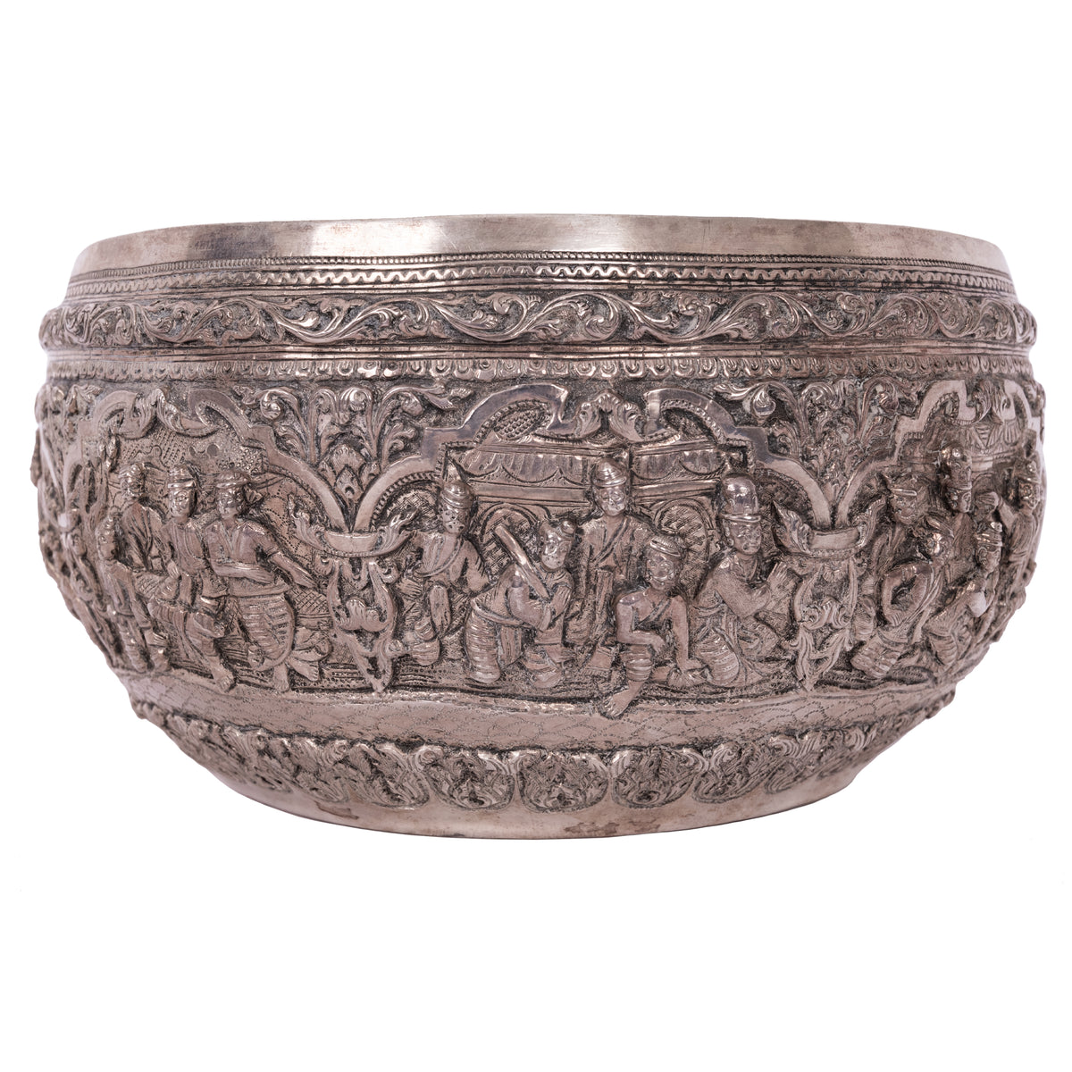Antique Burmese Repousse Silver Buddhist Thabeik Offering Bowl Guanyin Mark, 1890