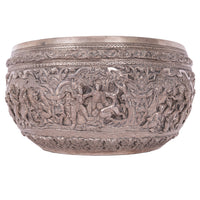 Antique Burmese Repousse Silver Buddhist Thabeik Offering Bowl Guanyin Mark, 1890