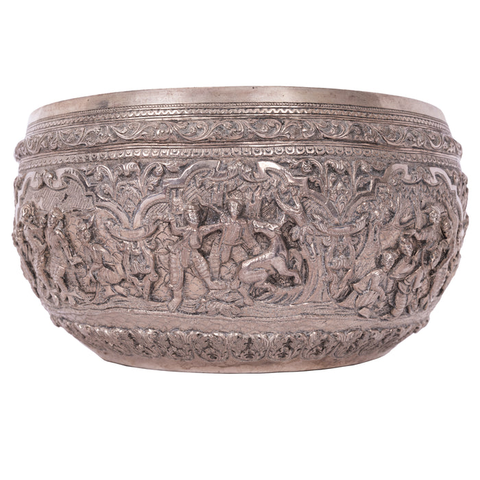Antique Burmese Repousse Silver Buddhist Thabeik Offering Bowl Guanyin Mark, 1890