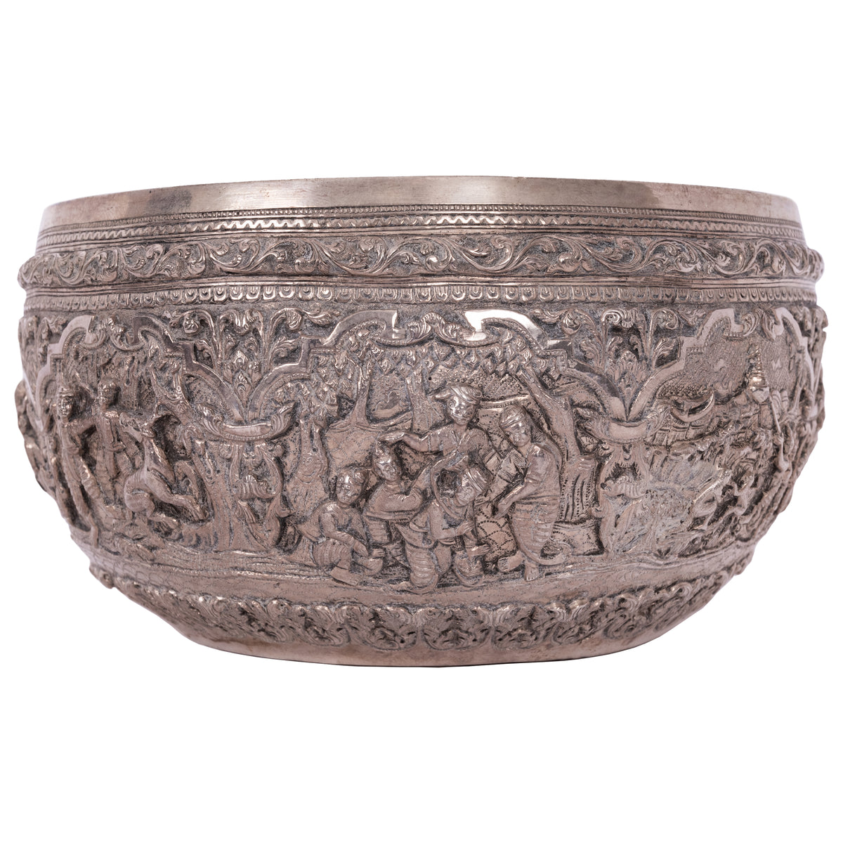 Antique Burmese Repousse Silver Buddhist Thabeik Offering Bowl Guanyin Mark, 1890
