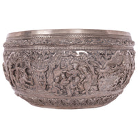 Antique Burmese Repousse Silver Buddhist Thabeik Offering Bowl Guanyin Mark, 1890