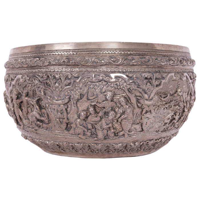 Antique Burmese Repousse Silver Buddhist Thabeik Offering Bowl Guanyin Mark, 1890