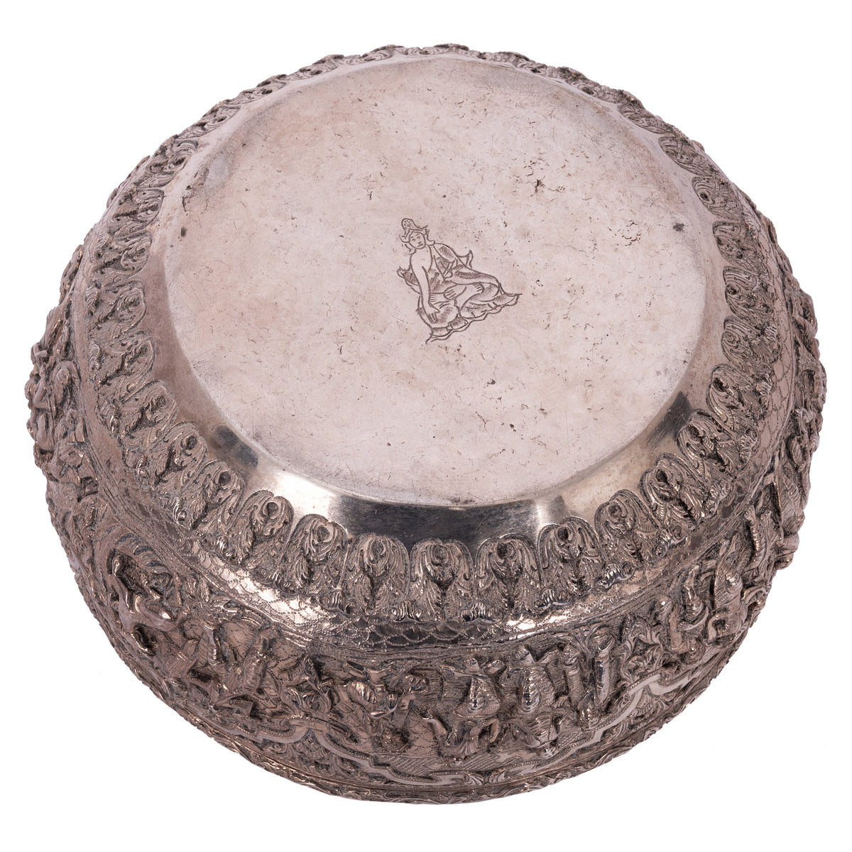 Antique Burmese Repousse Silver Buddhist Thabeik Offering Bowl Guanyin Mark, 1890