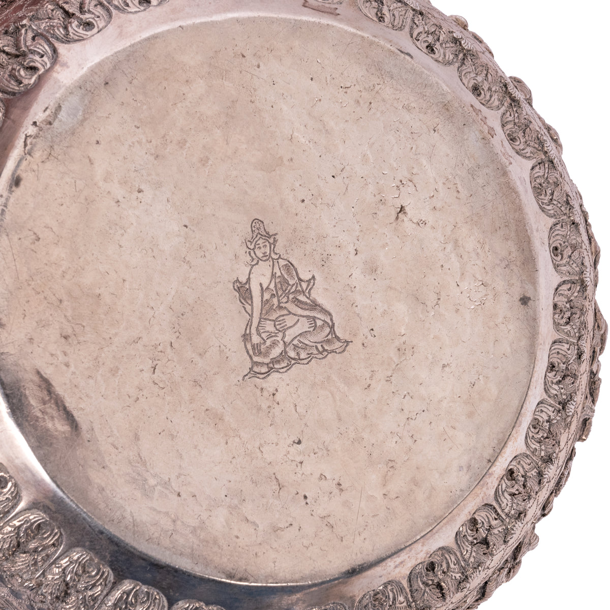 Antique Burmese Repousse Silver Buddhist Thabeik Offering Bowl Guanyin Mark, 1890
