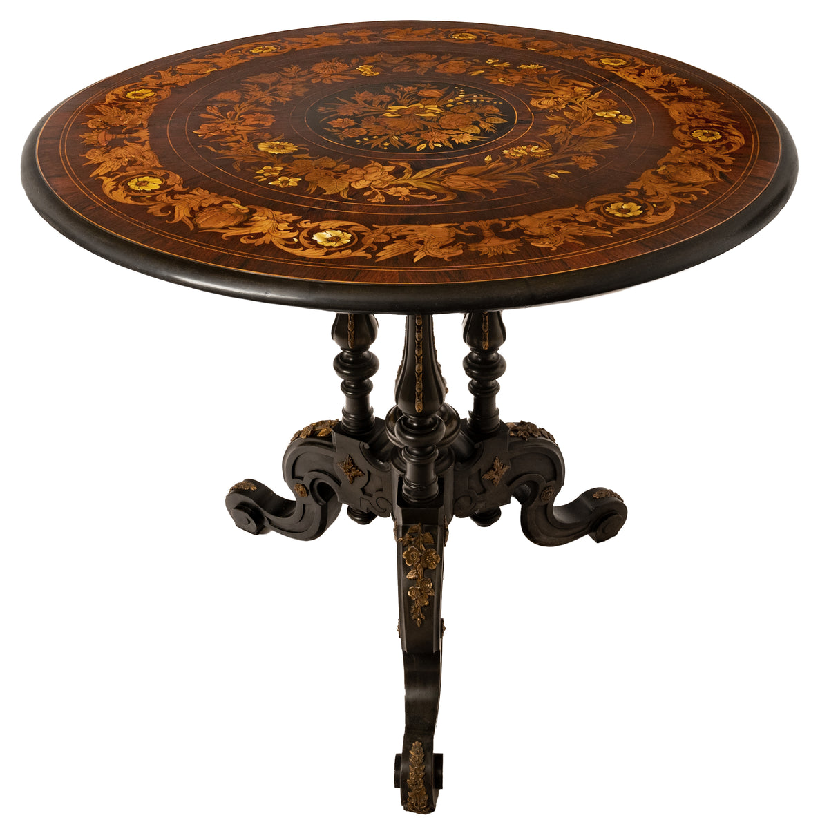 Antique French Specimen Wood Louis XV Marquetry Ormolu Round Tilt-Top Table, Circa 1870