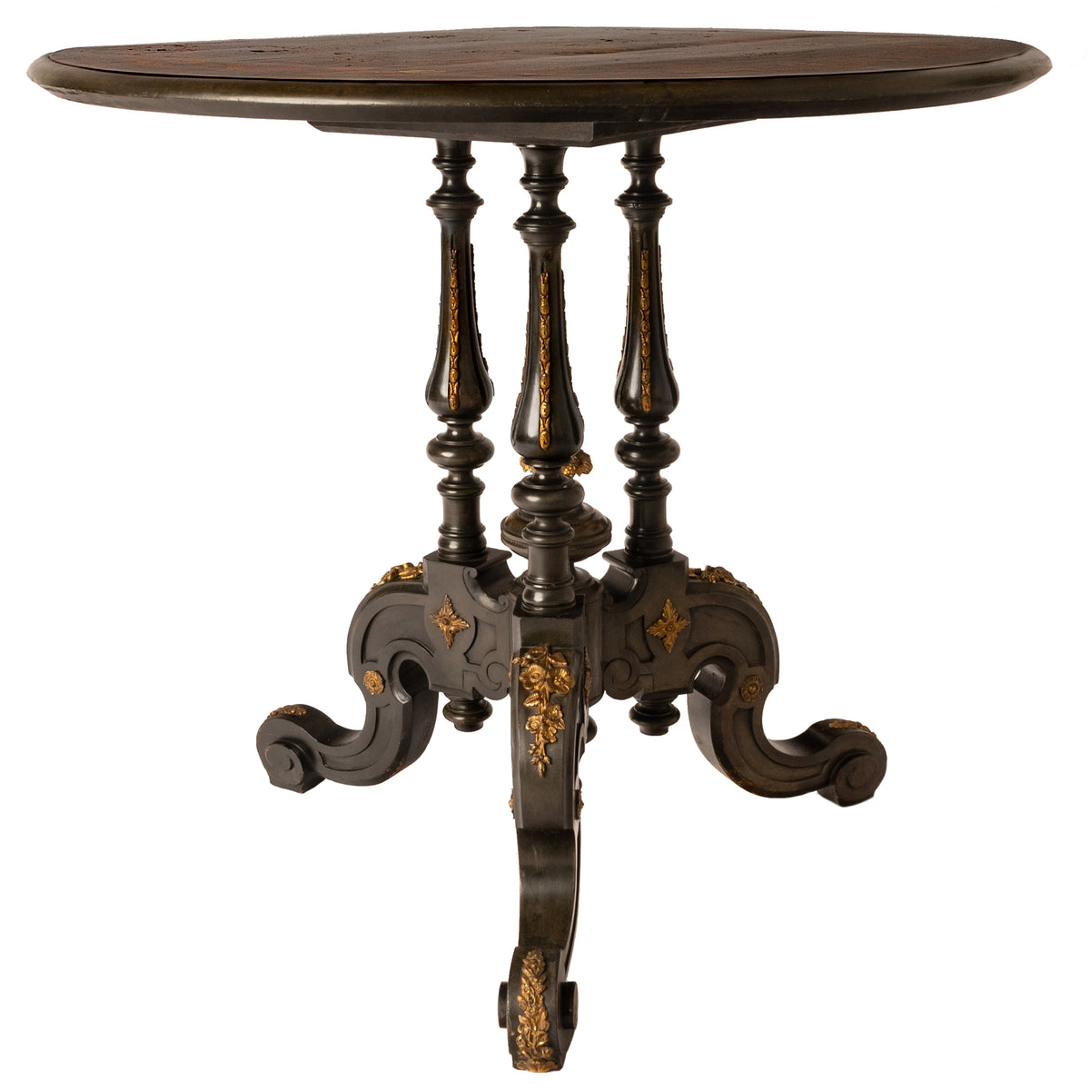 Antique French Specimen Wood Louis XV Marquetry Ormolu Round Tilt-Top Table, Circa 1870