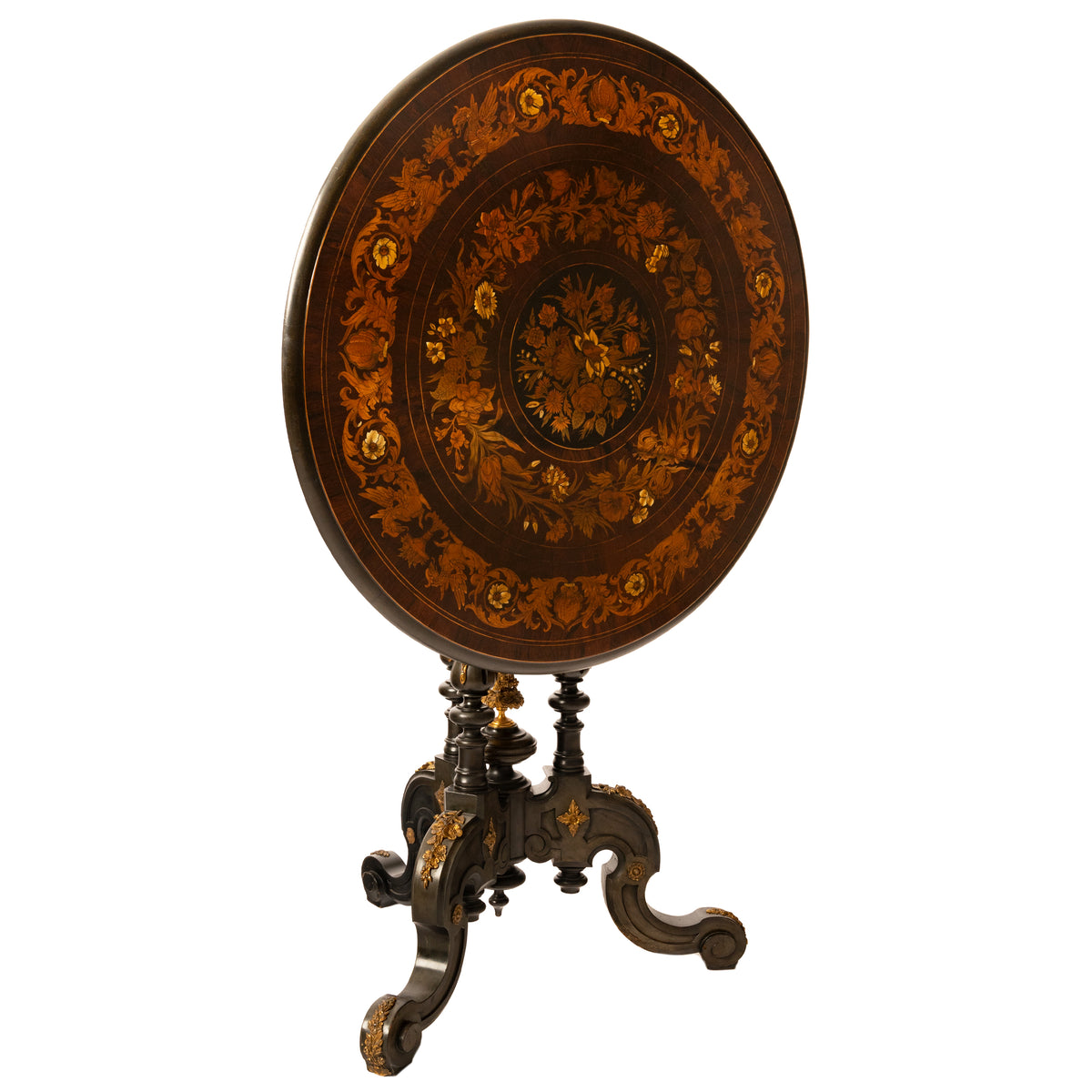 Antique French Specimen Wood Louis XV Marquetry Ormolu Round Tilt-Top Table, Circa 1870