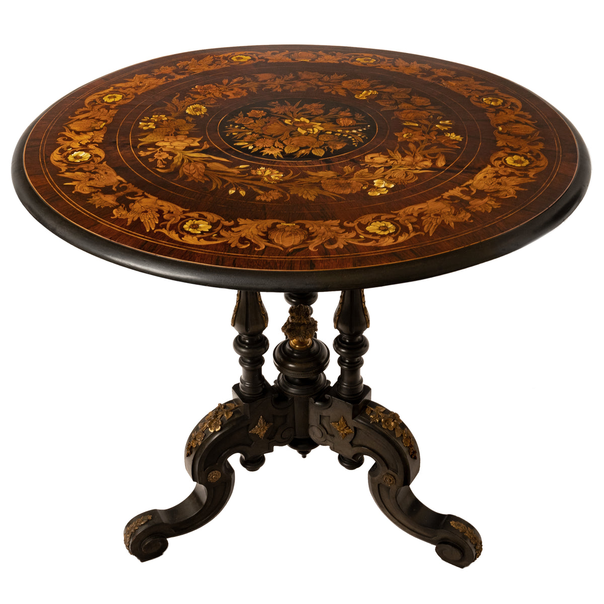 Antique French Specimen Wood Louis XV Marquetry Ormolu Round Tilt-Top Table, Circa 1870