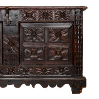 Antique 18th Century Spanish Colonial Carved Cedar Coffer Chest Mexico 1750