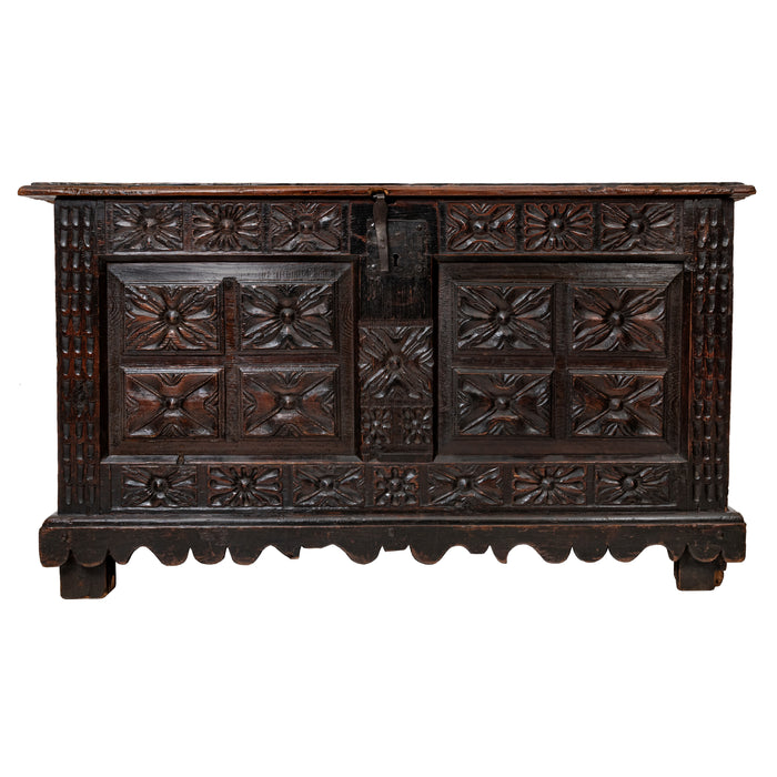 Antique 18th Century Spanish Colonial Carved Cedar Coffer Chest Mexico 1750
