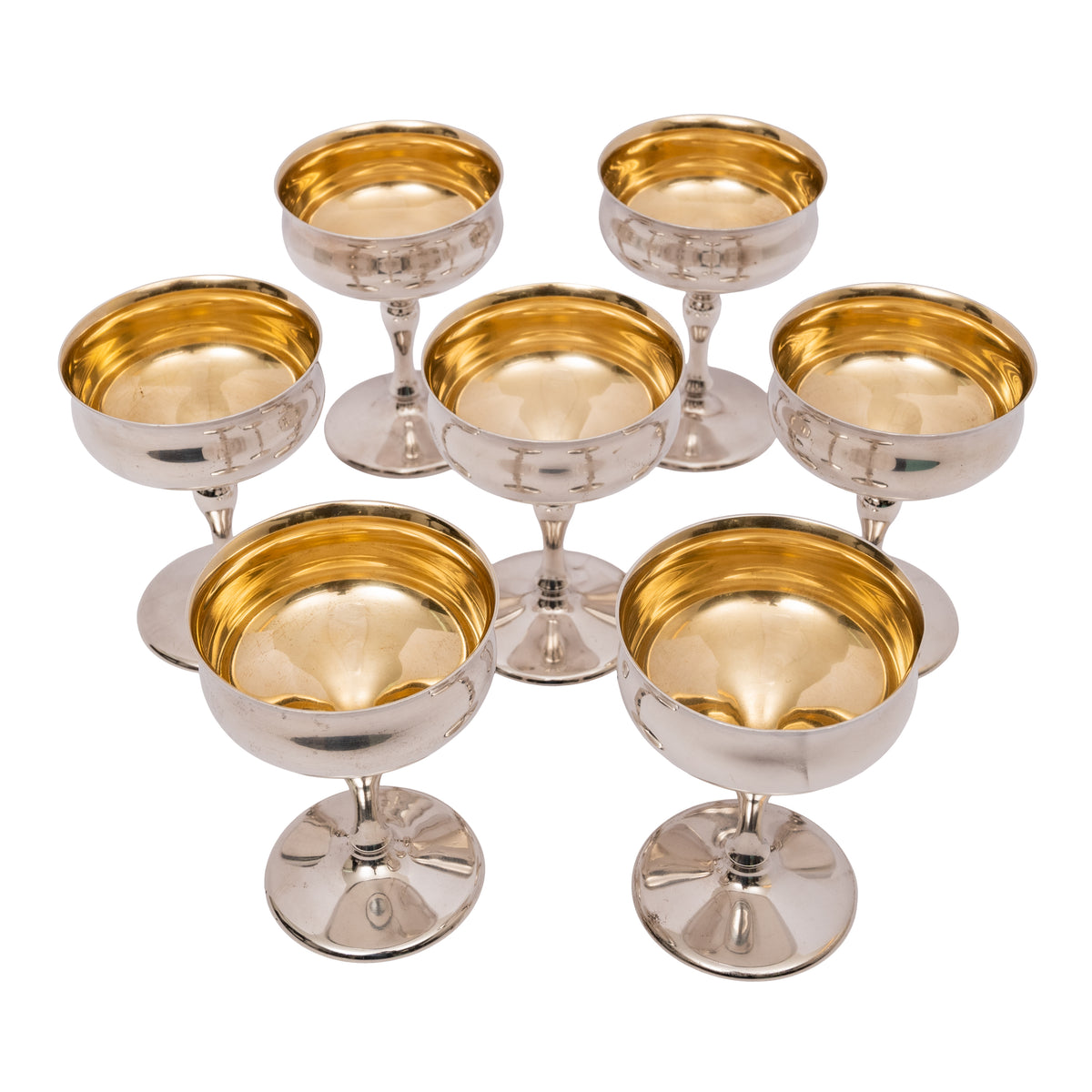 7 Antique American Sterling Silver Gilt Art Deco Sherbet Cocktail Wine Goblets, Circa 1928.